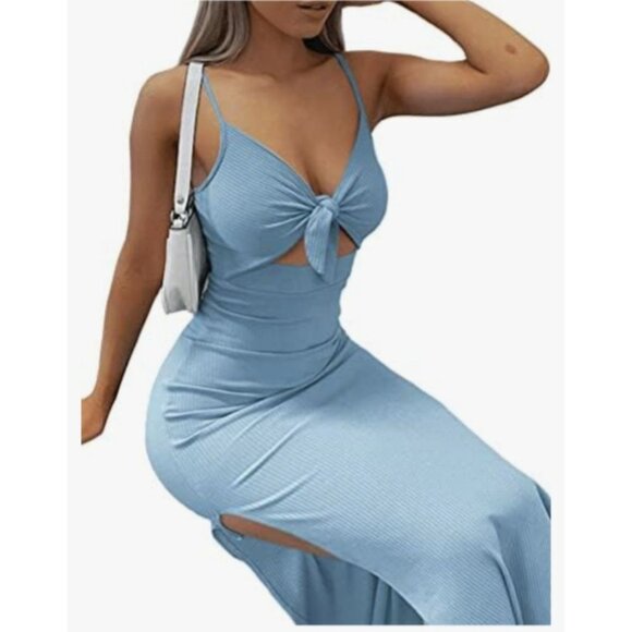 Lyaner Womens Blue Bodycon Tie Knot Cutout Maxi Dress Size Large Side Split - Picture 3 of 11